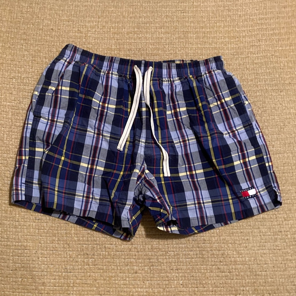 Vintage Tommy Hilfiger Board Shorts Swim Tommy Trunks Drawstring Blue Plaid